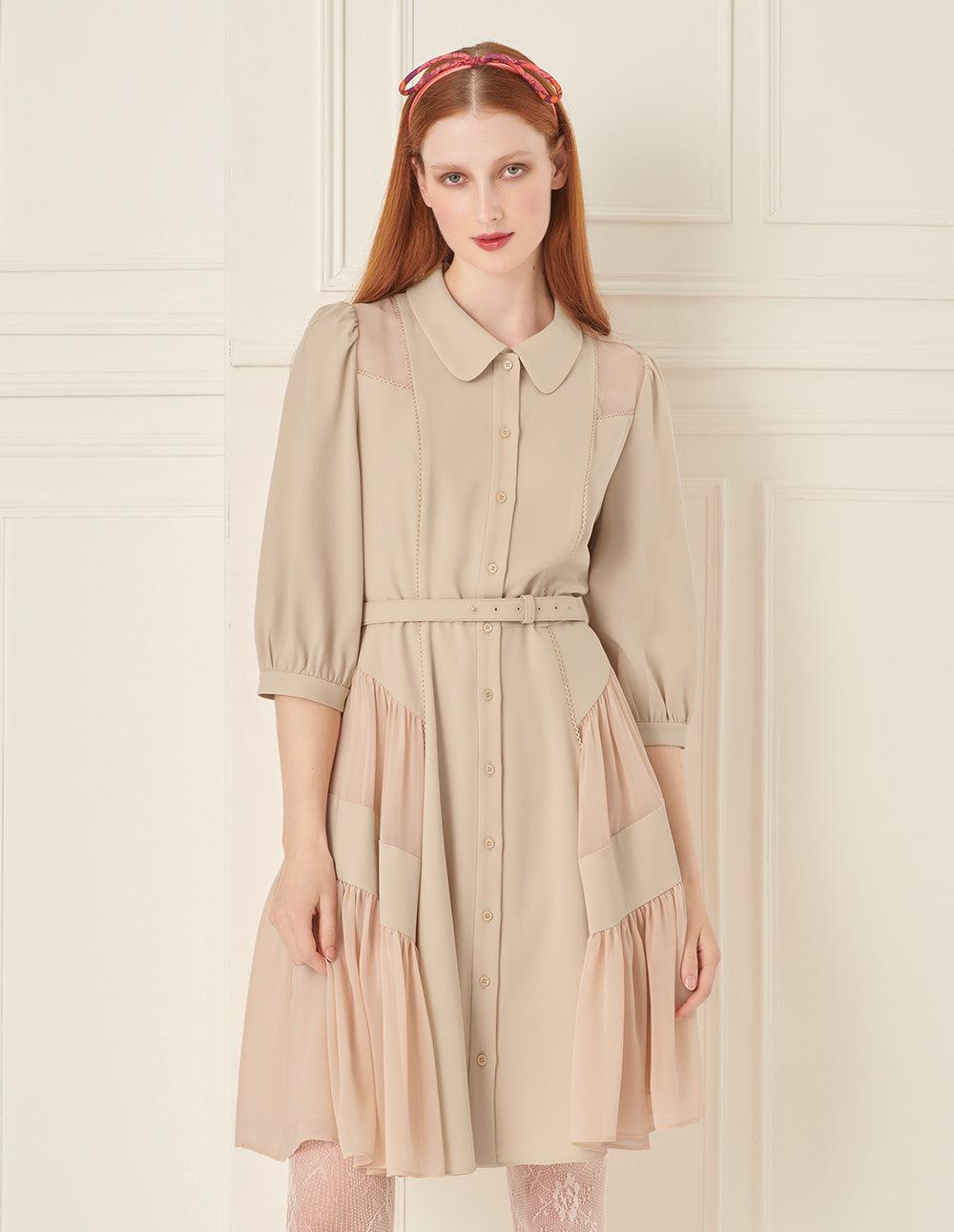BORA AKSU Puff Sleeve Paneled Pleated Belt Dress