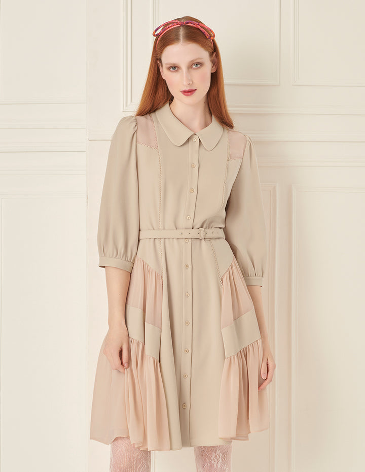 BORA AKSU Puff Sleeve Paneled Pleated Belt Dress
