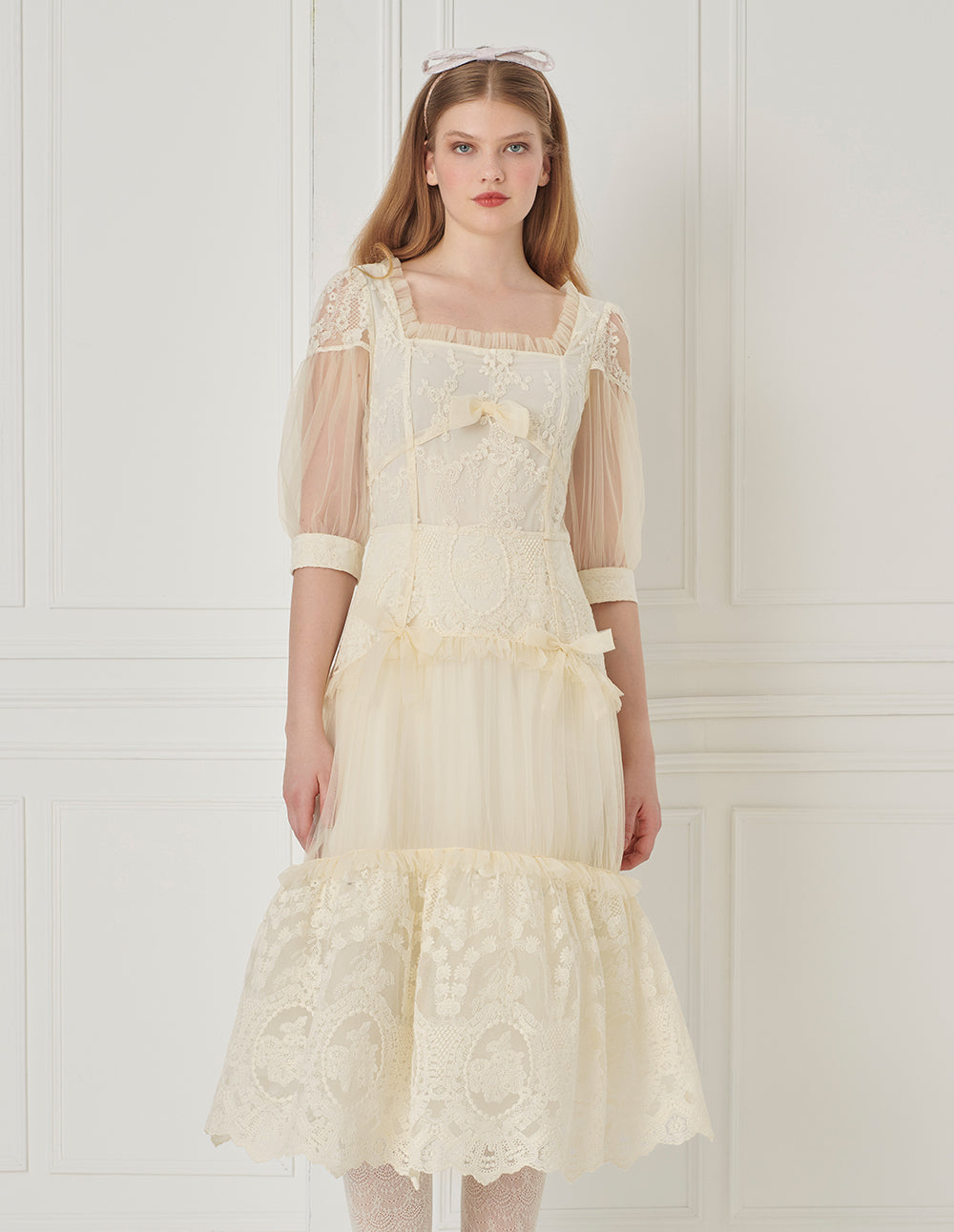 BORA AKSU Palace Style Lace Mesh Patchwork Pleated Dress