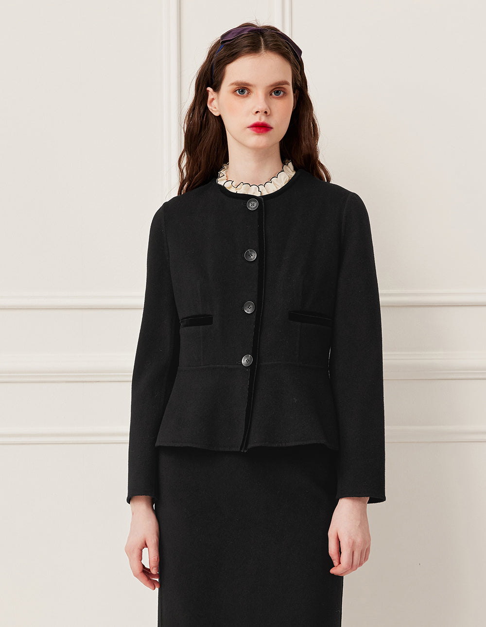 BORA AKSU Round Neck Box Cut Long Sleeve Crop Wool Tweed Jacket