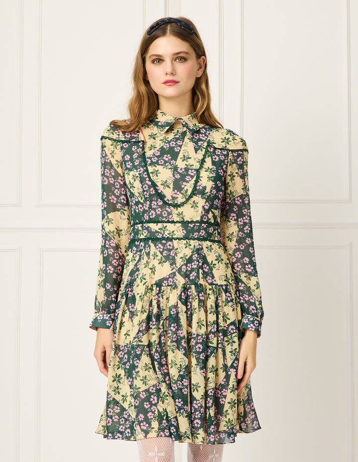 BORA AKSU Shirt-Collared Bubble Sleeve Floral Printed Pleated Midi Dress