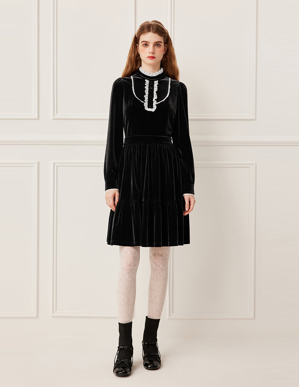 BORA AKSU Black & White Color Block Ruffle Mandarin Collar Velvet Midi Dress