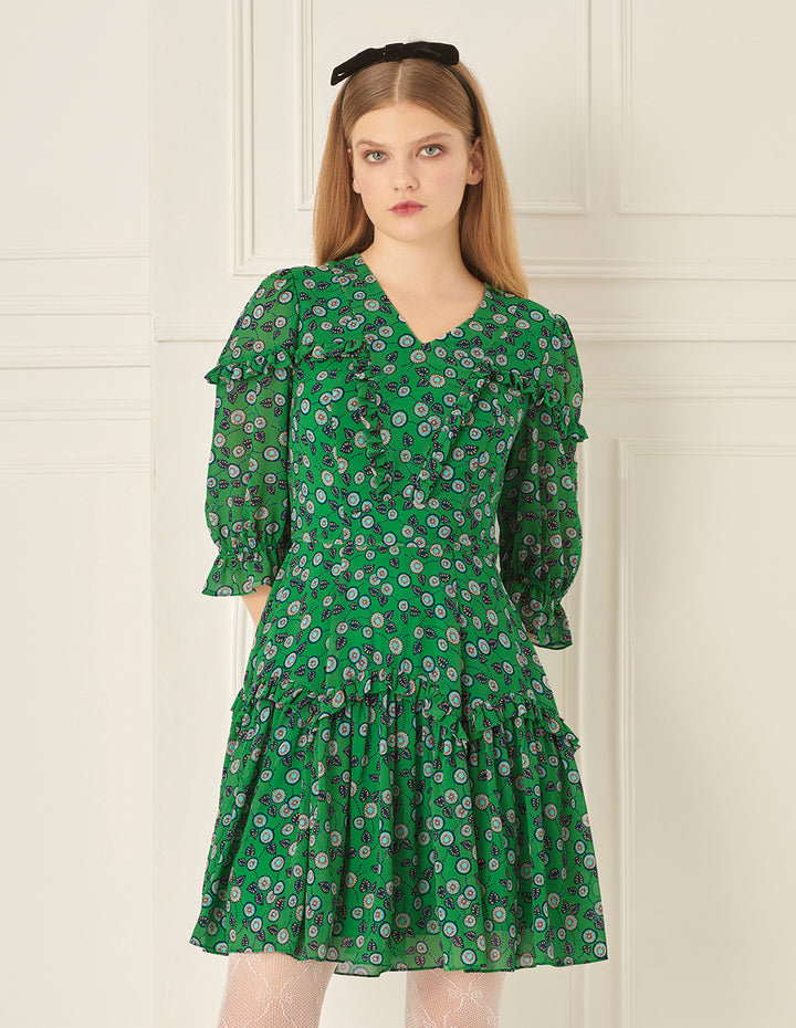 BORA AKSU French V-Neck Pleated Puff Sleeve Printed Dress