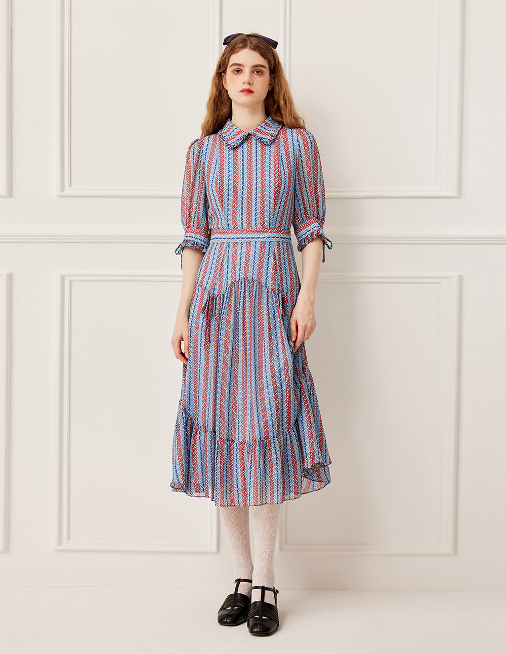BORA AKSU Ruffled Peter Pan Collar Blue Red Stripe Raindrop Print Pleated Midi Dress