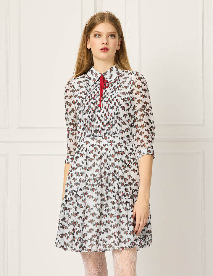 BORA AKSU Lapel Long-Sleeve Pin Tuck Heart Printed Pleated Midi Shirt Dress