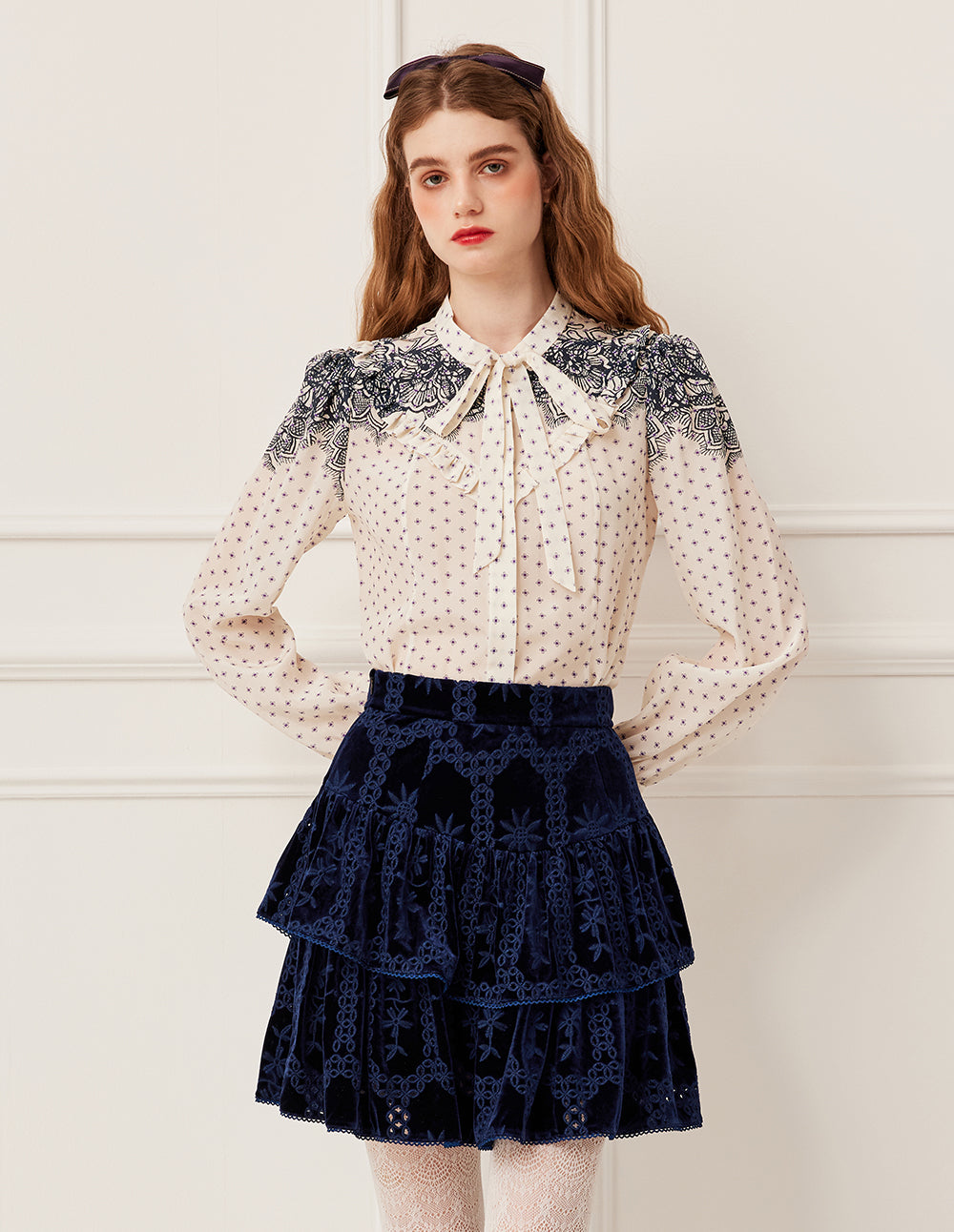 BORA AKSU Navy Blue Jacquard Print Double Layer Velvet A-Line Skirt