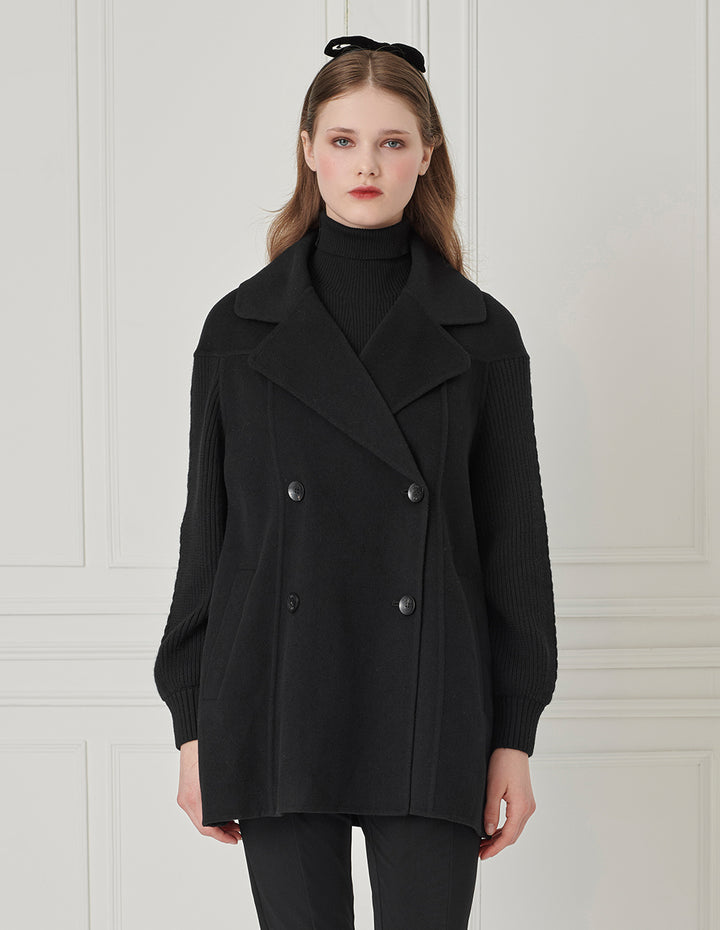 BORA AKSU Lapel Double-Breasted Double-Faced Wool Patchwork Knitted Sleeve Coat