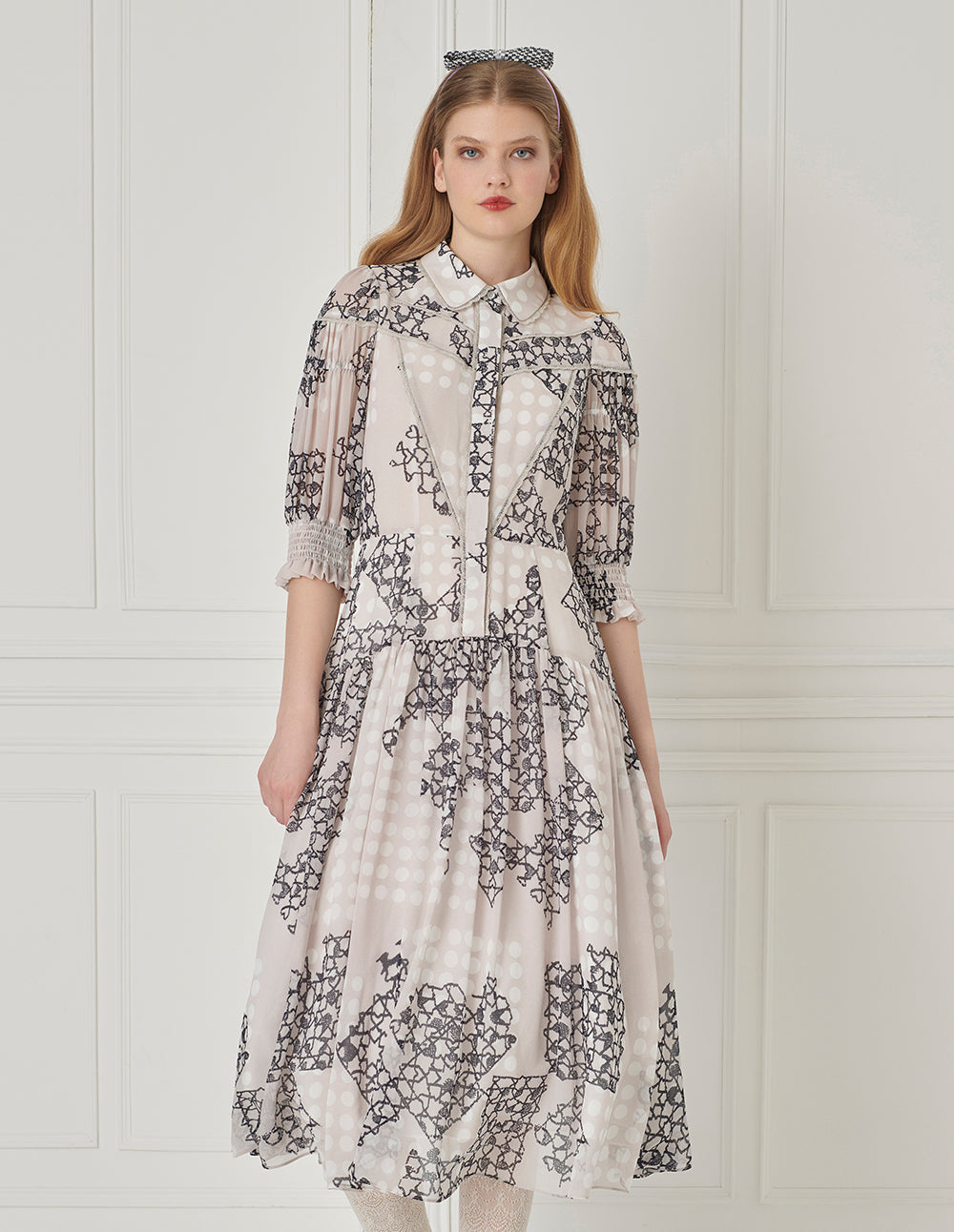 BORA AKSU French Shirt-Style Puff-Sleeve Pleated Printed Dress
