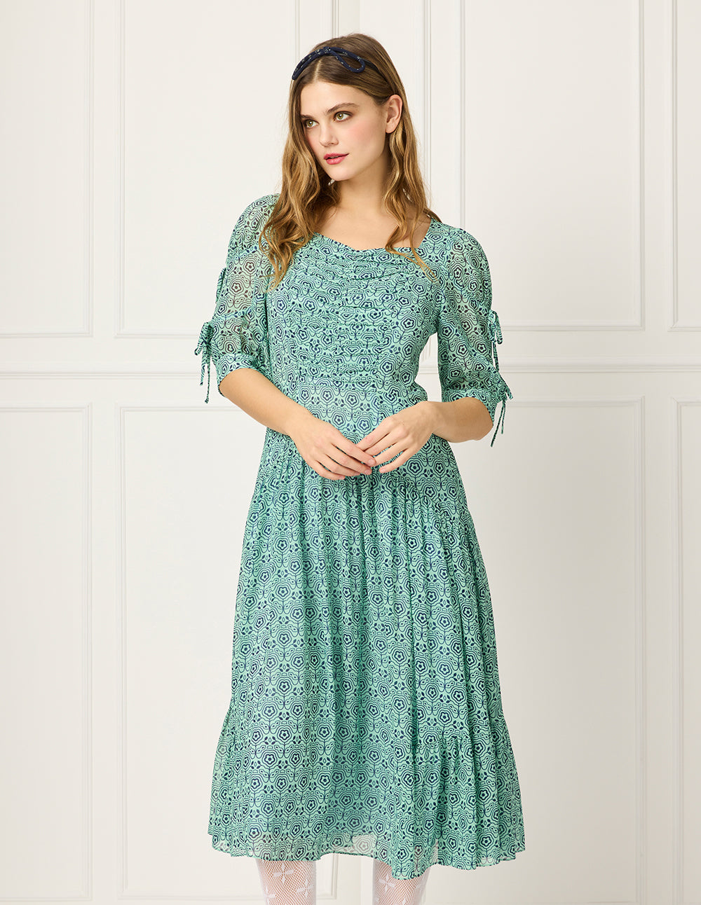 BORA AKSU Diamond Collar Puff Short-Sleeve Empired Print Midi Dress