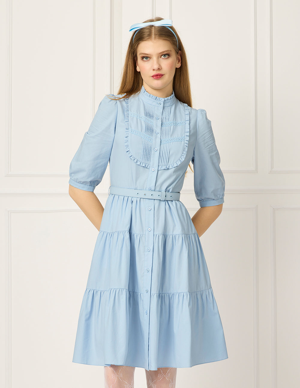 BORA AKSU Ruffled Stand-Collar Pin Tuck Puff Short-Sleeved Pleated Midi Dress