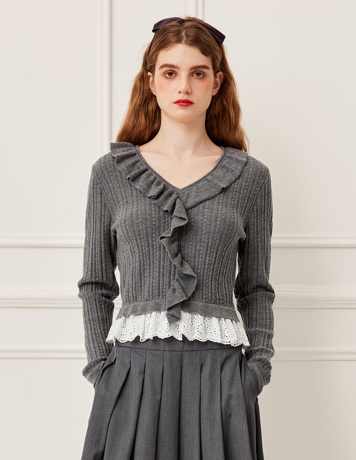 BORA AKSU V-Neck Ruffle Detail Knit Pullover Sweater
