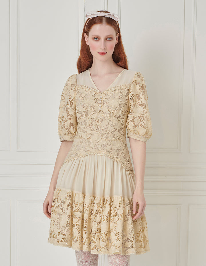 BORA AKSU Beige Lace Dress With Puff Sleeves And Scalloped Hem