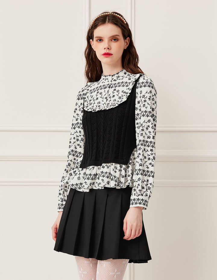 BORA AKSU Ruffled Turtleneck Long Sleeve Floral Patchwork Knit Top