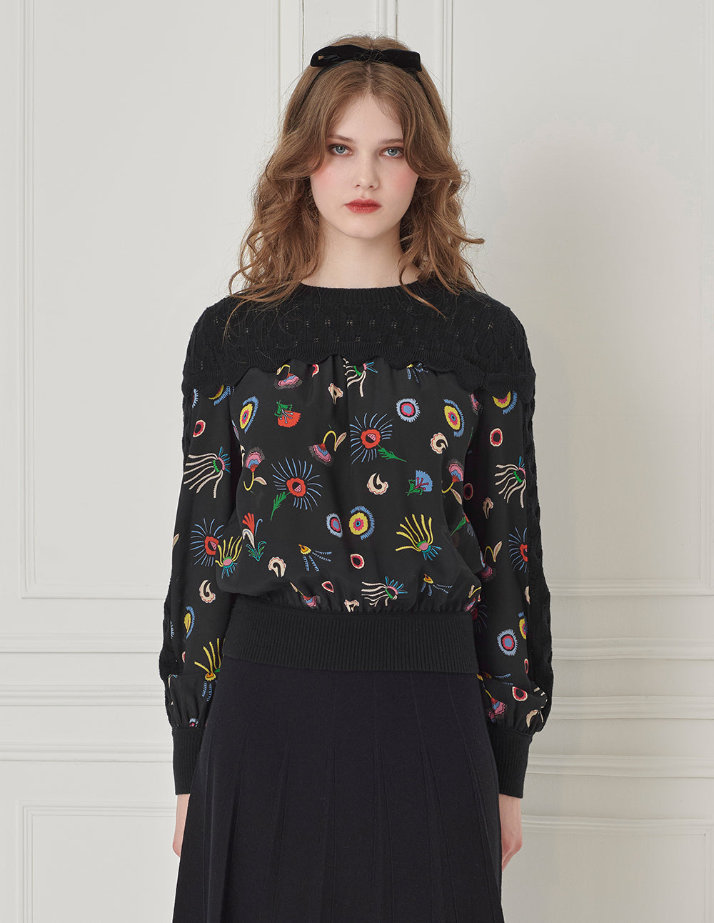 BORA AKSU Crew Neck Silk Patchwork Printed Wool Knitted Sweater