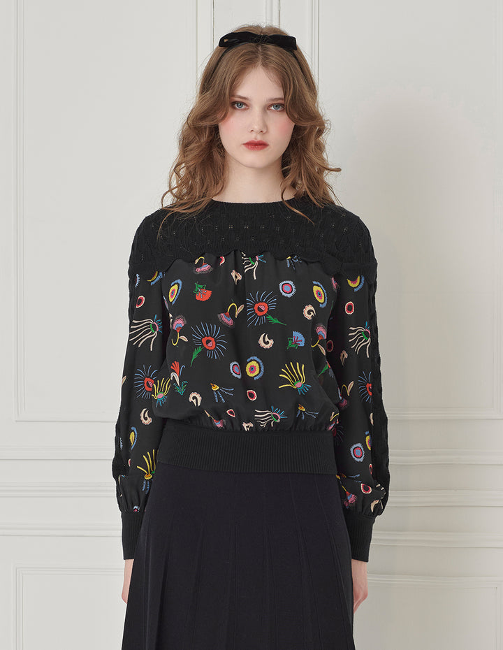 BORA AKSU Crew Neck Silk Patchwork Printed Wool Knitted Sweater