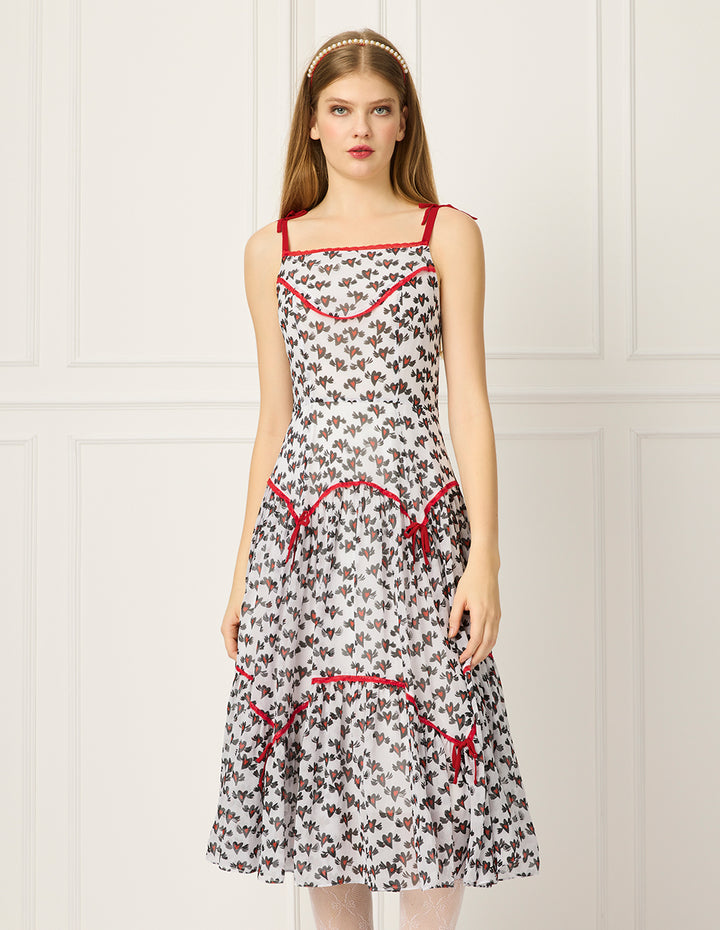 BORA AKSU Lace Trim Heart Print A-line Midi Slip Dress