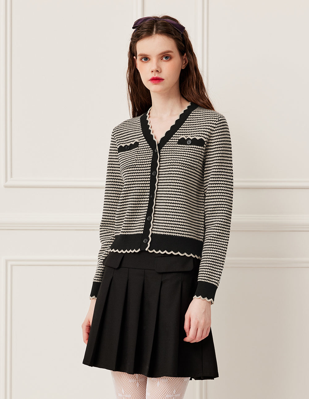 BORA AKSU V-Neck Ruffle Geometric Patterned Knit Cardigan