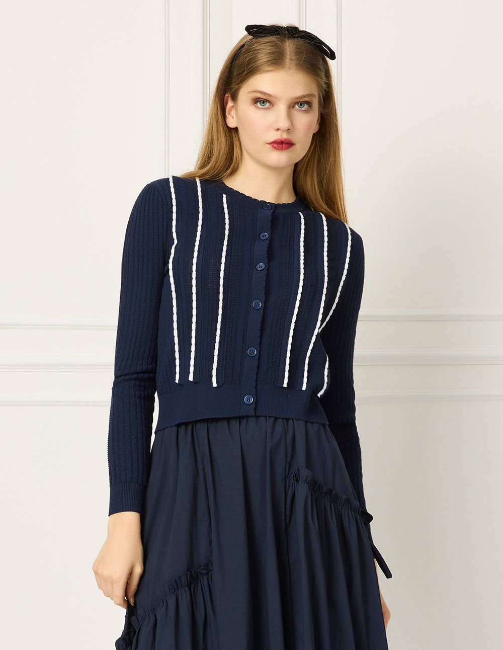 BORA AKSU Round-Neck Long-Sleeve Striped-Trim Knit Cardigan