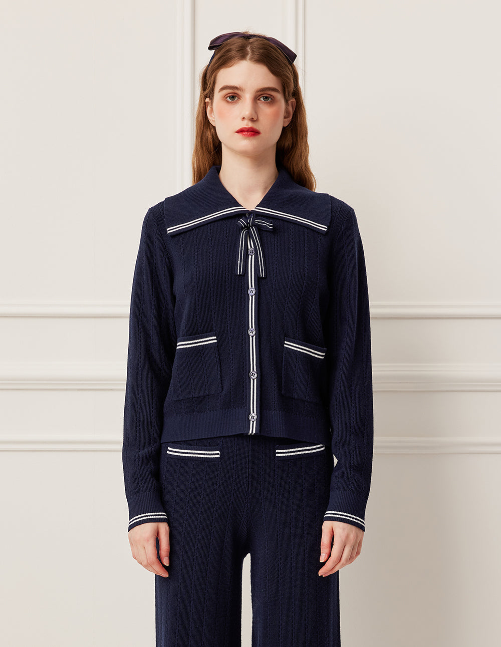 BORA AKSU Navy Blue Bow Tie Long Sleeve Wool Knit Cardigan