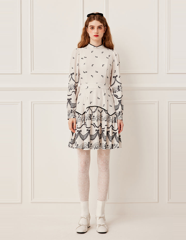 BORA AKSU Ruffled Mandarin Collar Floral Print Long Puff Sleeve Midi Dress