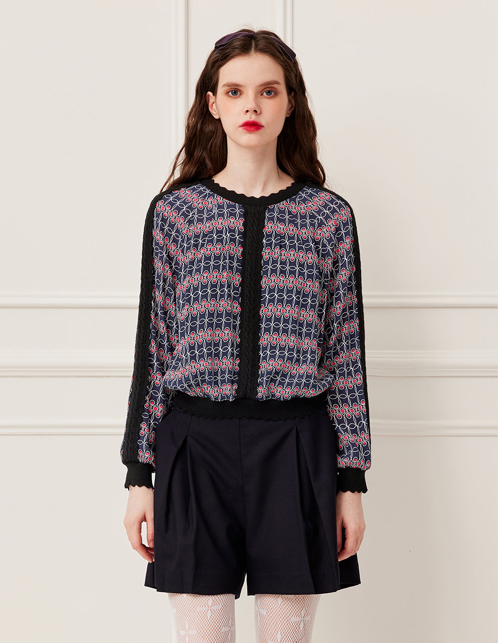 BORA AKSU Ruffled Round Neck Red White Geometric Print Knit Top