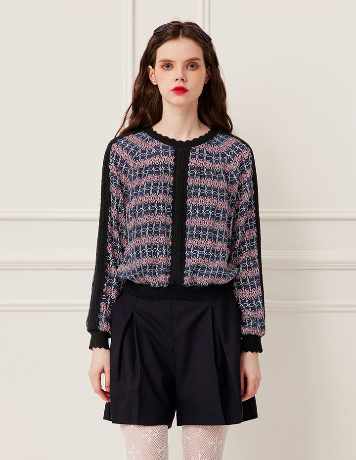 BORA AKSU Ruffled Round Neck Red White Geometric Print Knit Top