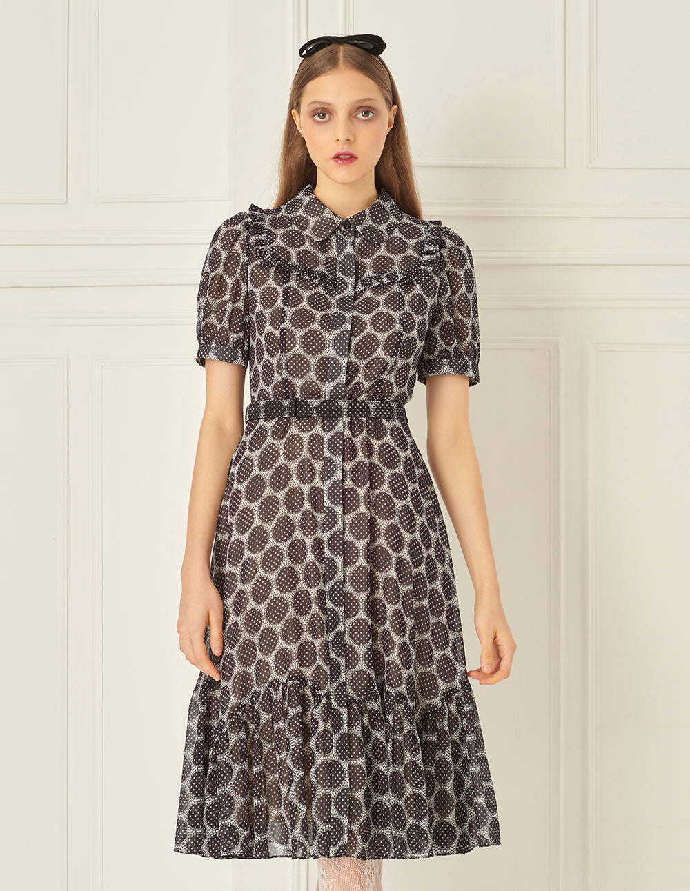 BORA AKSU Puff Sleeve Lapel Polka Dot Print Pleated Dress