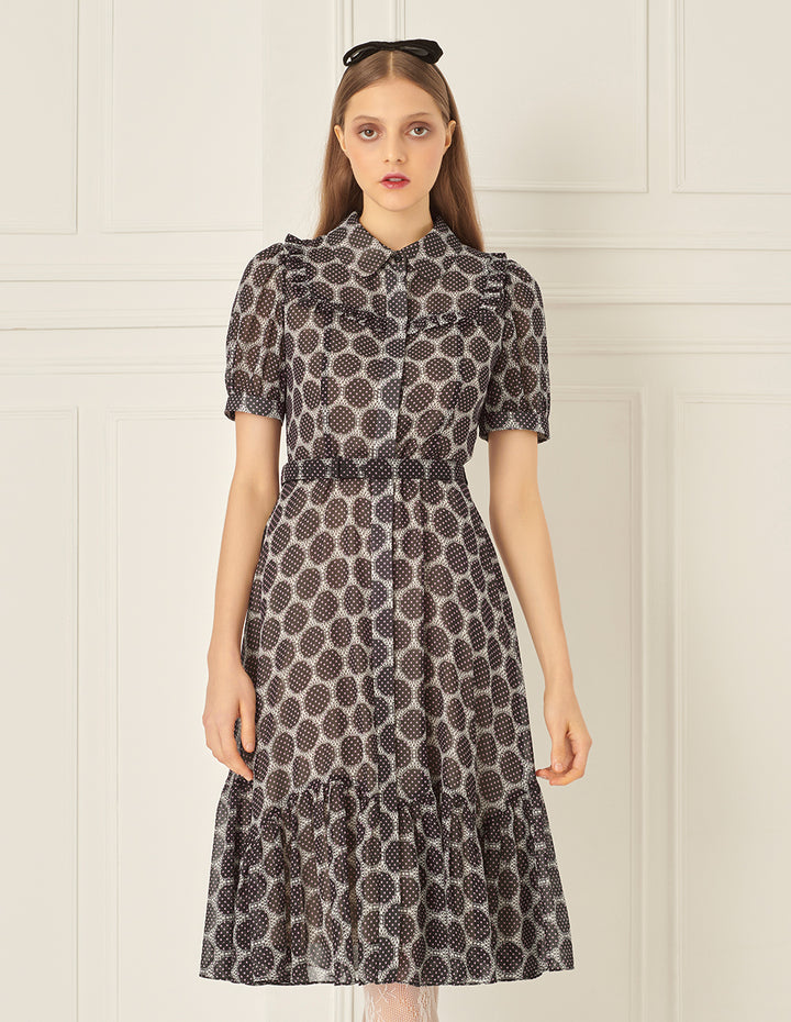 BORA AKSU Puff Sleeve Lapel Polka Dot Print Pleated Dress