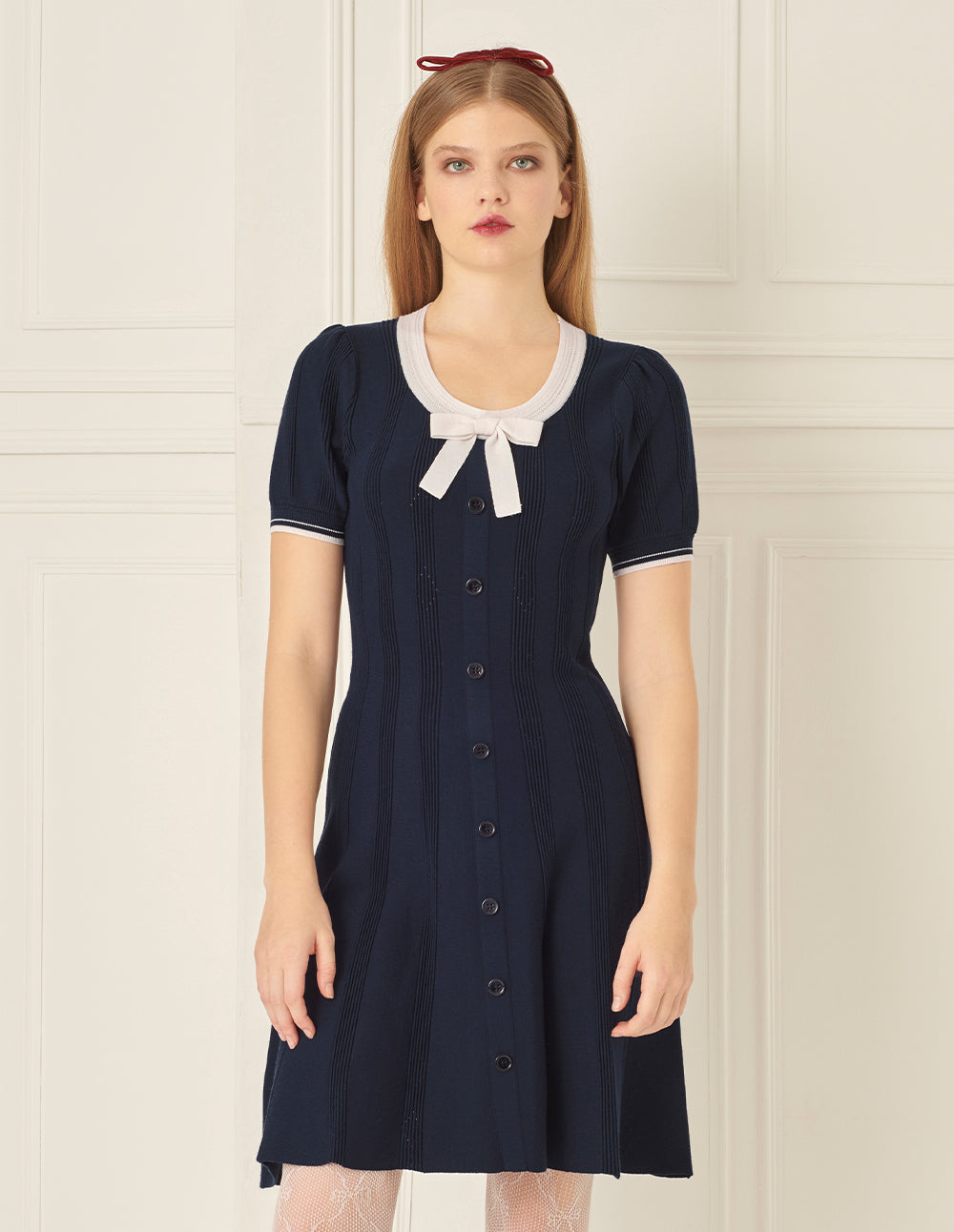 BORA AKSU French Blue And White Contrast Bow Round Neck Dress