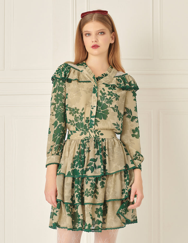 BORA AKSU Romantic Tiered Pleated Skirt With Floral Print Skirt