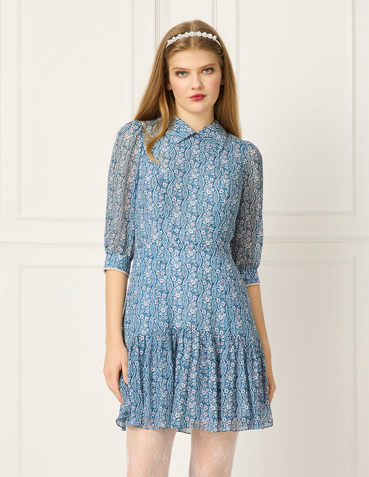 BORA AKSU Collared Puff-Sleeve Floral-Print Flounce Midi Dress