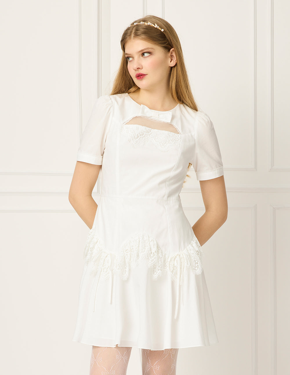 BORA AKSU Round Neck Puff Short-Sleeve Hollow Lace Trim Pleated Midi Dress