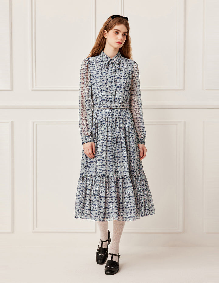 BORA AKSU Bow Ribbon Long Sleeve Hand-Painted Bird Print Pleated Midi Shirt Dress