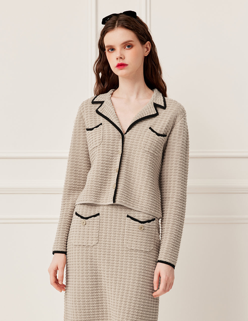 BORA AKSU Notched Collar Camel Black Trim Short 100% Wool Jacquard Knit Cardigan