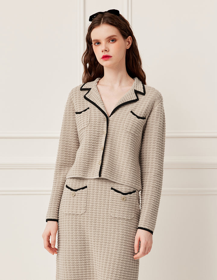 BORA AKSU Notched Collar Camel Black Trim Short 100% Wool Jacquard Knit Cardigan