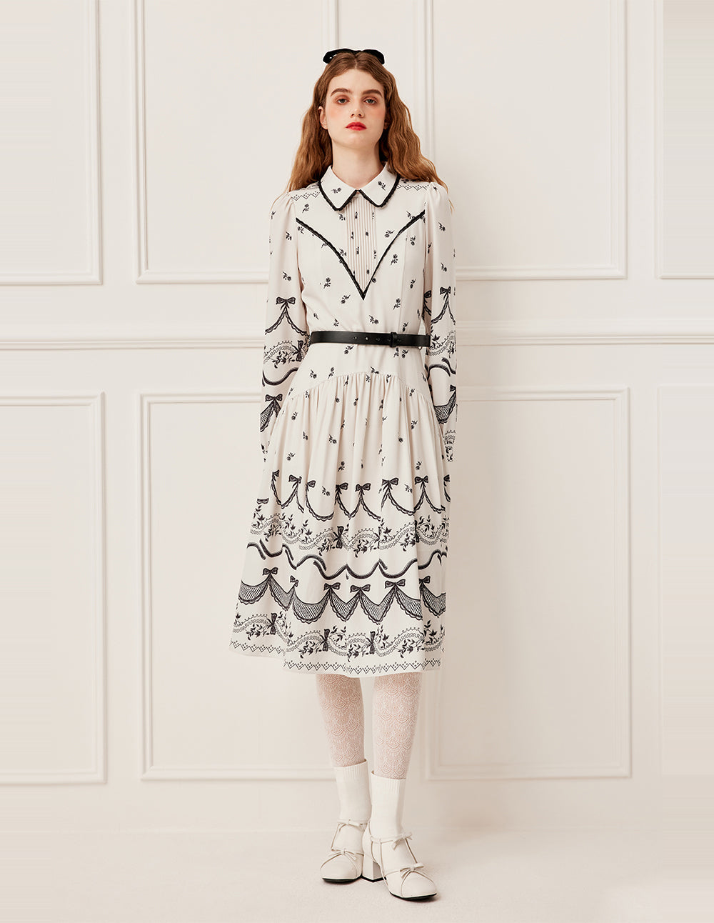 BORA AKSU Pin-Tuck Floral Print A-Line Ruffle-Trimmed Midi Shirt Dress