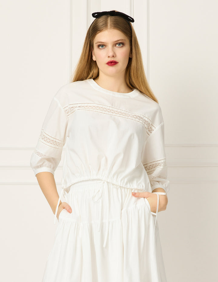 BORA AKSU Round Neck Puff Sleeve Elastic Tie T-Shirt