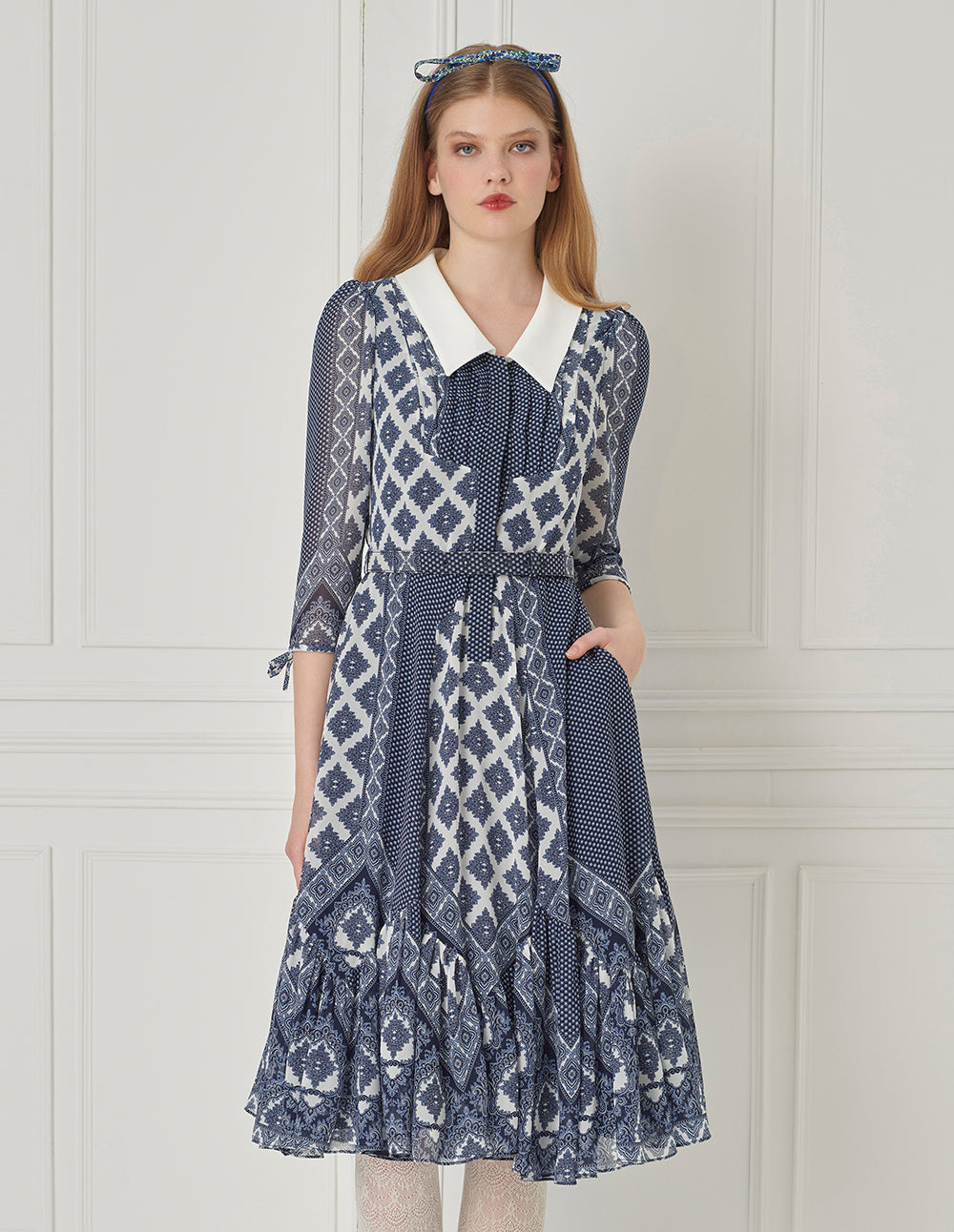 BORA AKSU French Retro Puff Sleeve Ruffle Print Dress