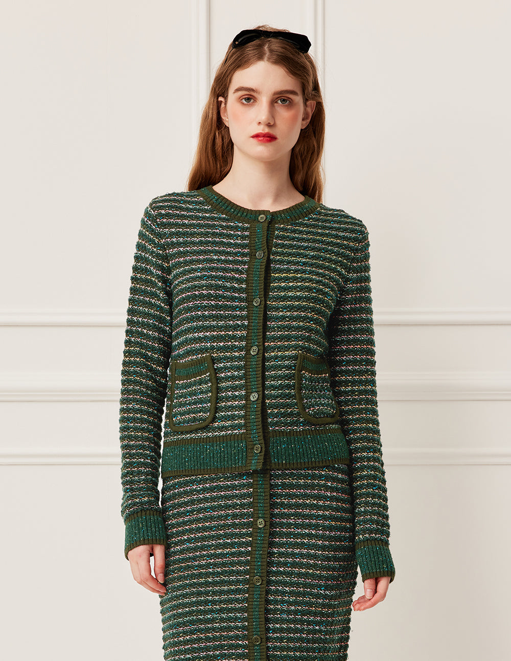 BORA AKSU Ribbed Round Neck Long Sleeve Blue-Green Variegated Stripe Loose Fit Knitted Cardigan