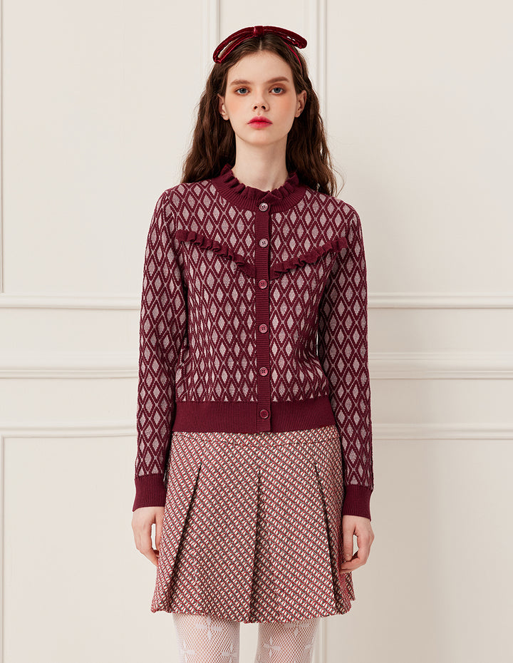 BORA AKSU Ruffled Turtleneck Diamond Pattern Wool Knit Cardigan