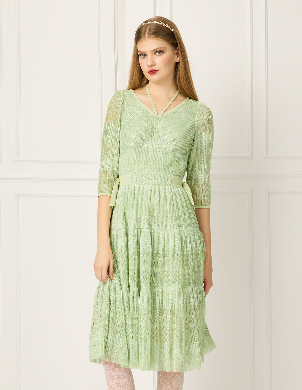 BORA AKSU V-Neck Puff Short Sleeve Tie Pleated Lace Midi Dress