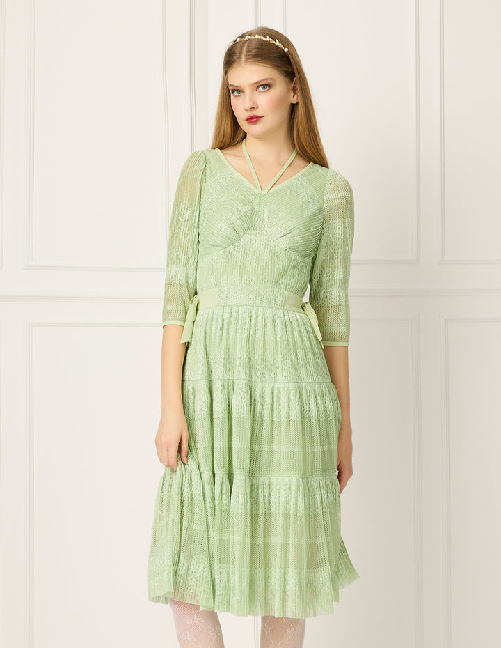 BORA AKSU V-Neck Puff Short Sleeve Tie Pleated Lace Midi Dress