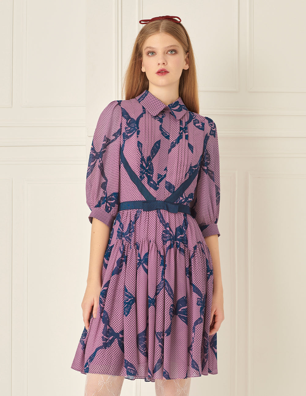 BORA AKSU Puff Sleeve Shirt Collar Bow Print Dress