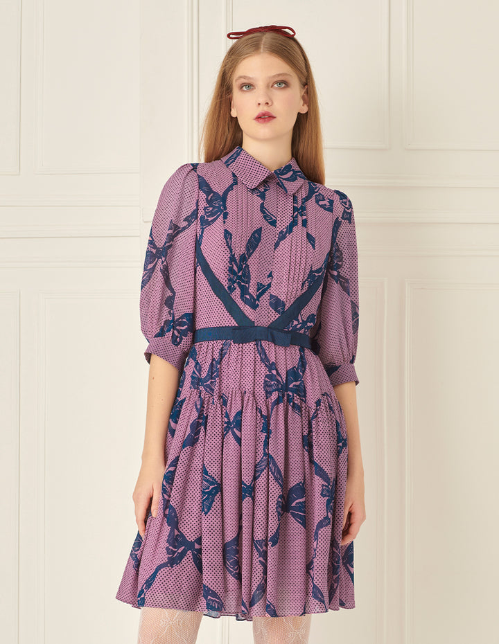BORA AKSU Puff Sleeve Shirt Collar Bow Print Dress