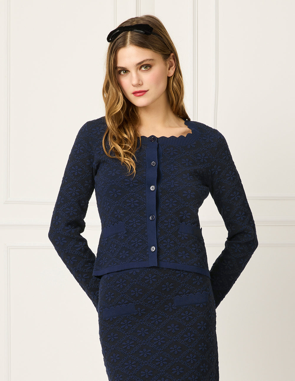 BORA AKSU Square Ruffle-Collar Floral Print Long-Sleeve Knit Cardigan