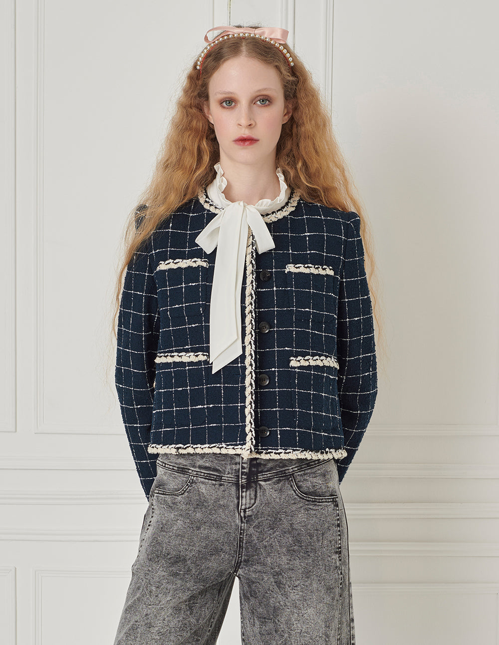 BORA AKSU Crew-Neck Long-Sleeve Stripe-Checkbox Trim Cropped Jacket