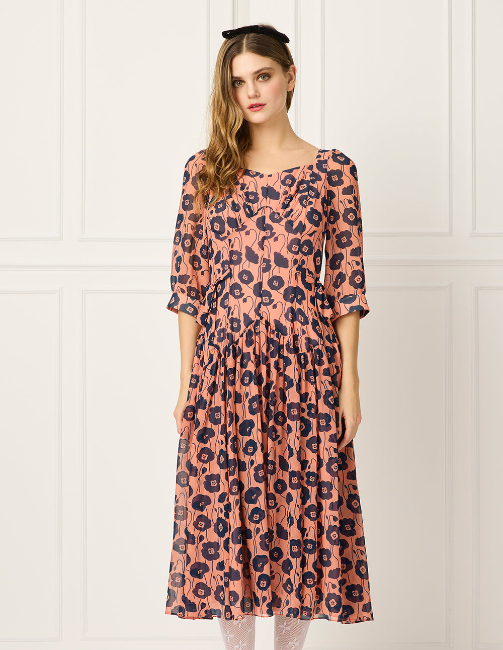 BORA AKSU Diamond Collar Short Bubble Sleeve Empire Red Floral Printed Midi Dress