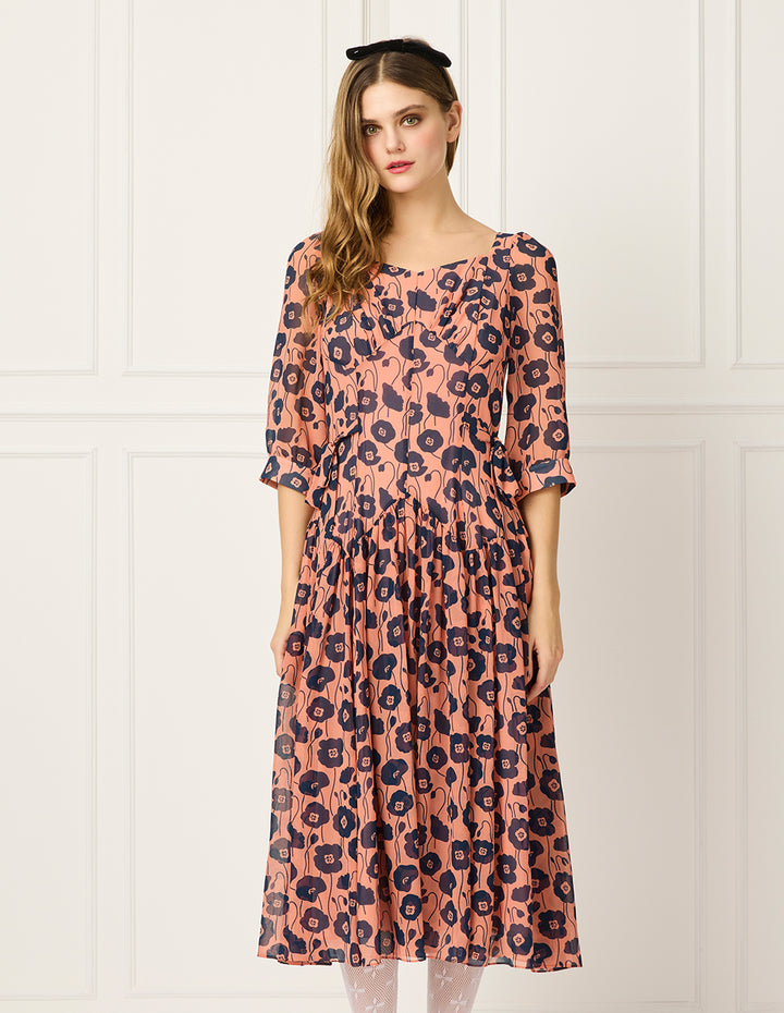 BORA AKSU Diamond Collar Short Bubble Sleeve Empire Red Floral Printed Midi Dress