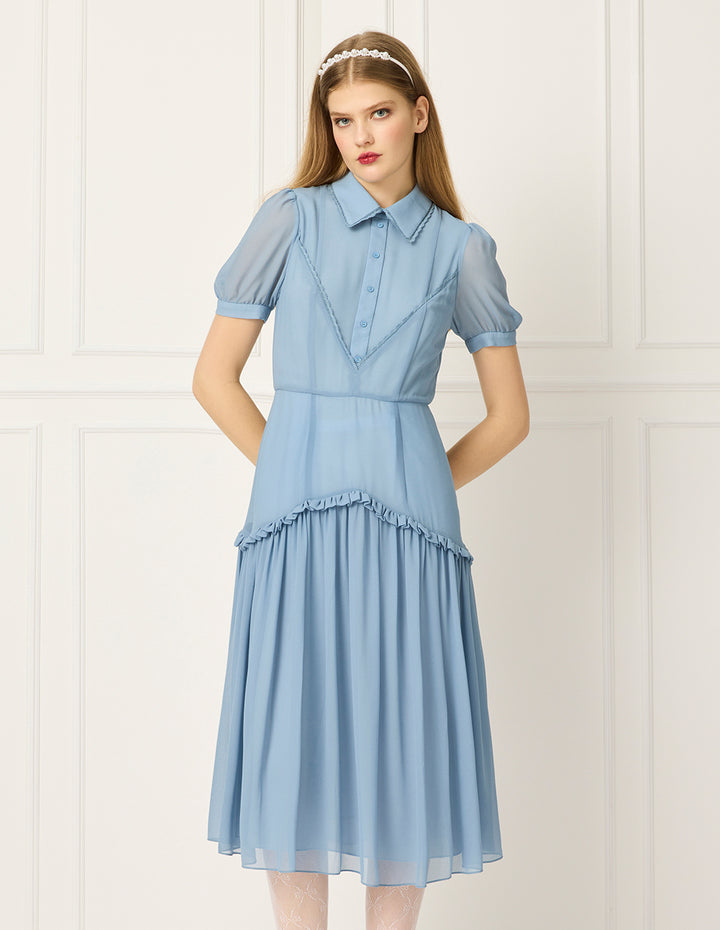 BORA AKSU Collared Puff Short Sleeve Ruffled-Trim Pleated Midi Dress