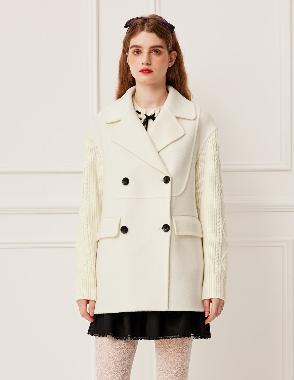 BORA AKSU Notch Lapel Double-Breasted Knit Sleeves Wool Blend Coat
